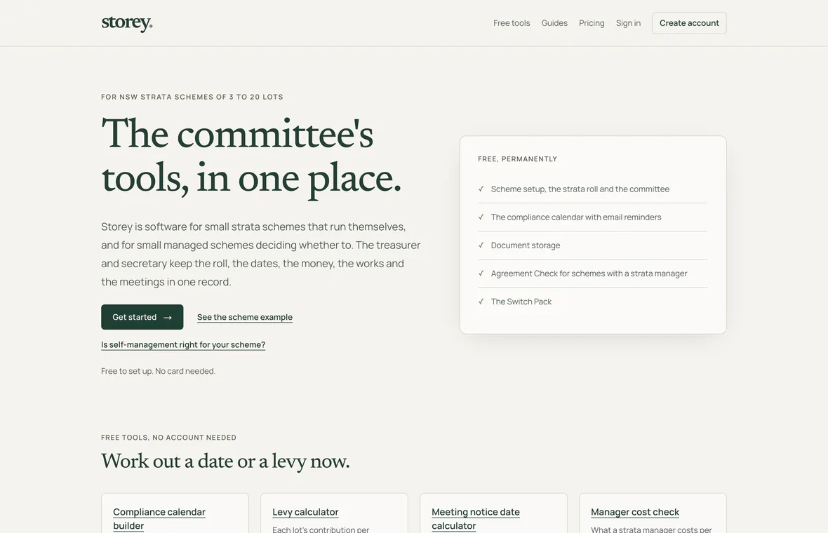 Storey’s landing page with the headline “The committee’s tools, in one place.” and a card listing the free features.