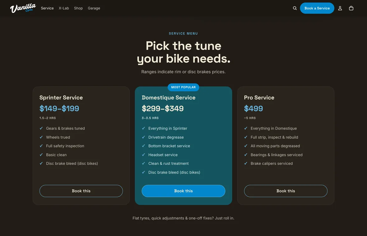 The service page’s menu of three tune-up packages, Sprinter, Domestique and Pro, with prices and what each one includes.